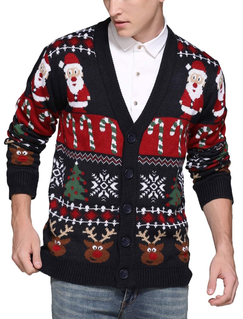*daisysboutique* Men's Christmas Rudolph Reindeer Holiday Festive Knitted Sweater Cardigan Cute Ugly Pullover (Large, Reindeer-Santa&Cane Cardigan) - Image 3